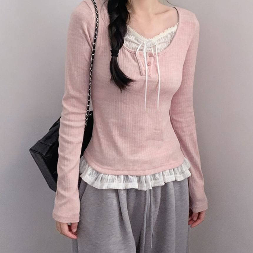 Lace-Panel Mock Two-Piece Ribbed-Knit Long-Sleeve Top
