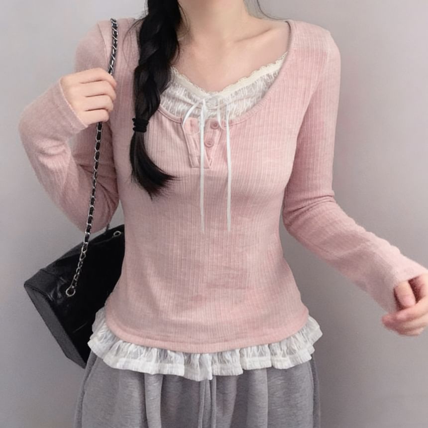 Lace-Panel Mock Two-Piece Ribbed-Knit Long-Sleeve Top