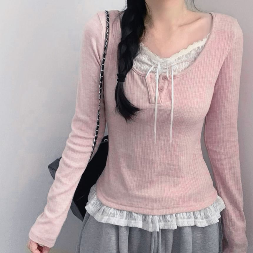 Lace-Panel Mock Two-Piece Ribbed-Knit Long-Sleeve Top