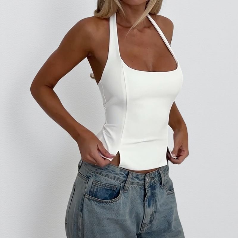 Halter Square-Neck Slit Slim-Fit Crop Tank