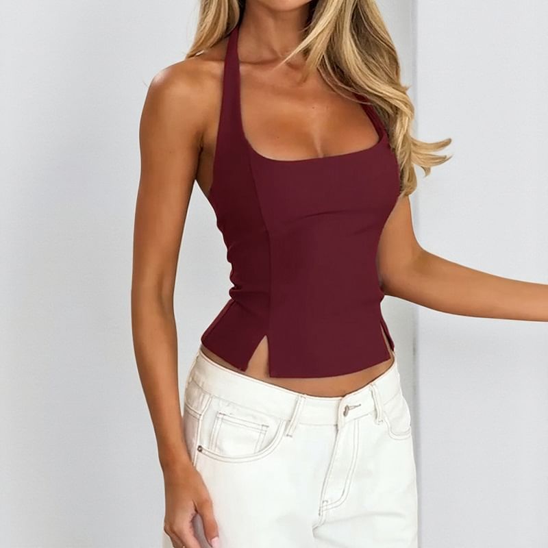 Halter Square-Neck Slit Slim-Fit Crop Tank