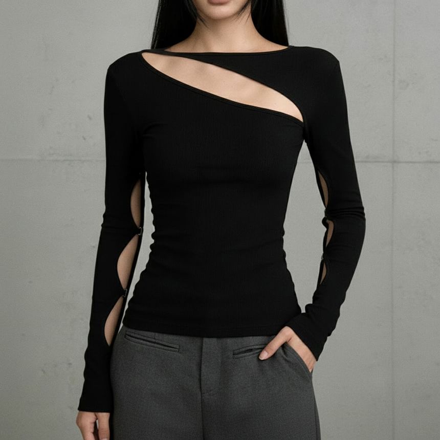 Cut-Out Slim-Fit Long-Sleeve Solid Tee