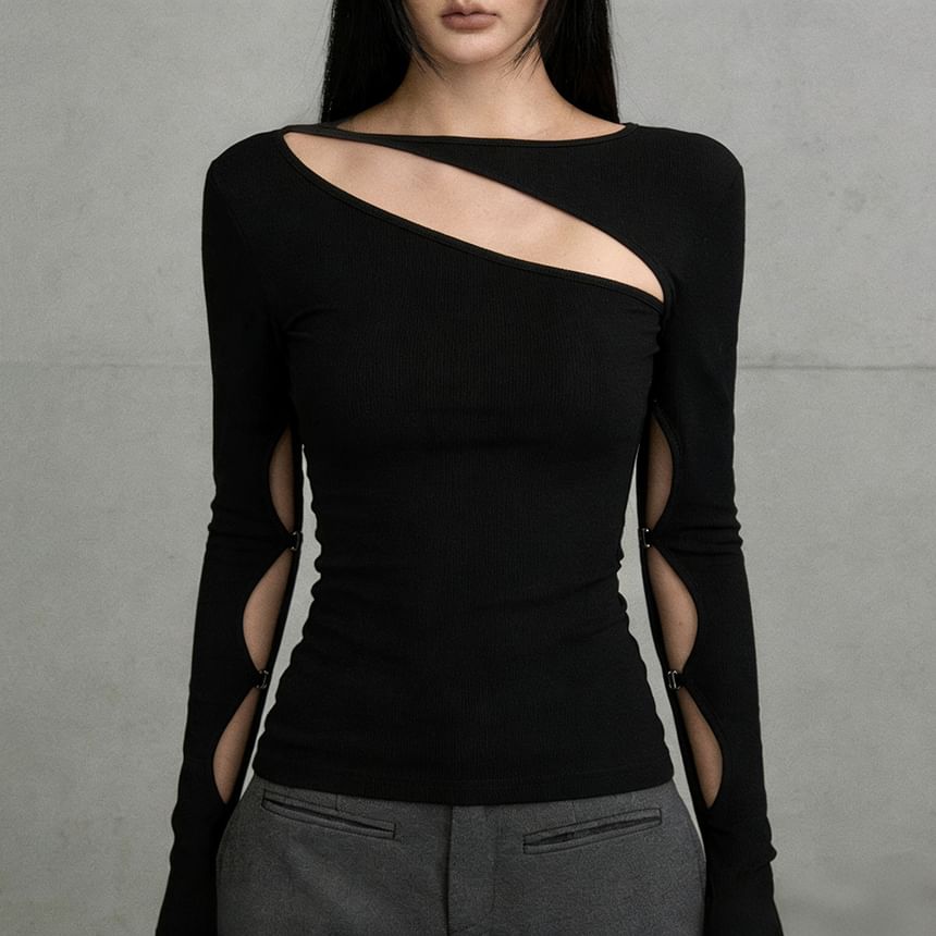 Cut-Out Slim-Fit Long-Sleeve Solid Tee