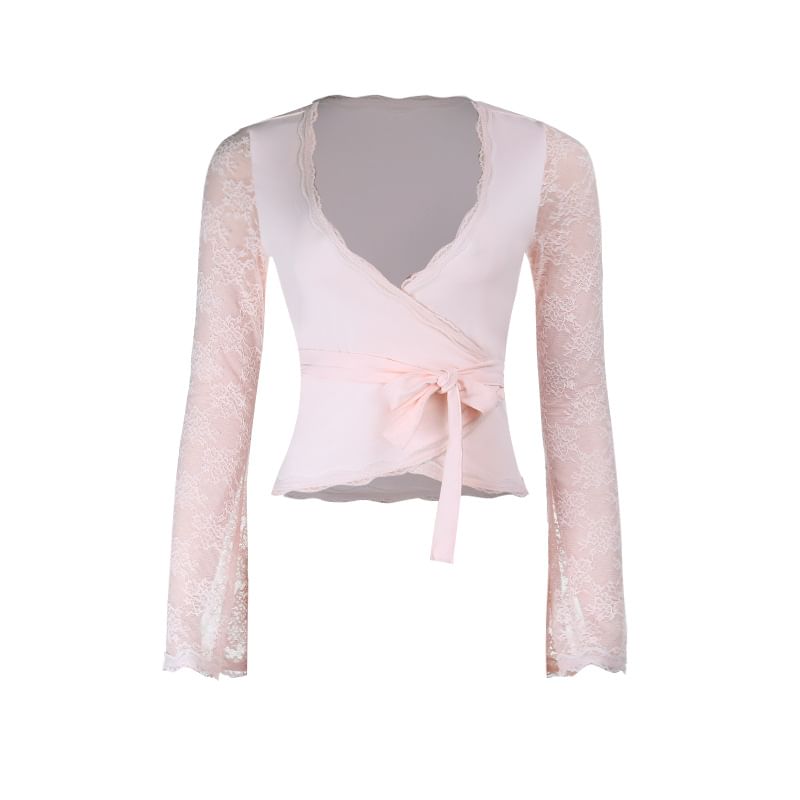 Lace-Panel Tie-Waist V-Neck Crop Long-Sleeve Top