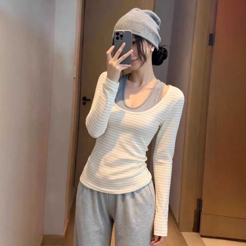 Pinstriped Slim Fit T-Shirt with Scoop Neck and Long Sleeves, Two-Piece Look