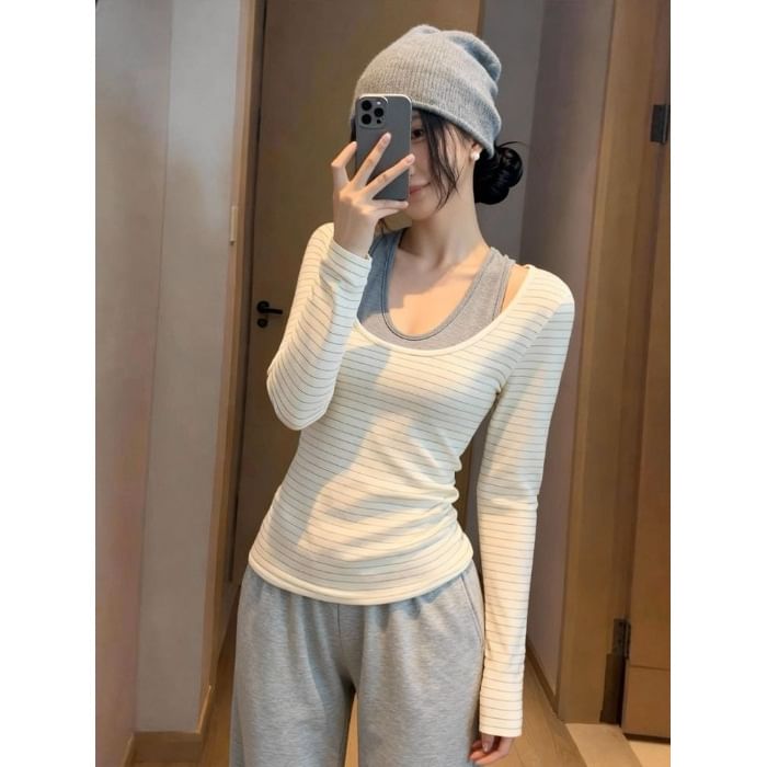 Pinstriped Slim Fit T-Shirt with Scoop Neck and Long Sleeves, Two-Piece Look