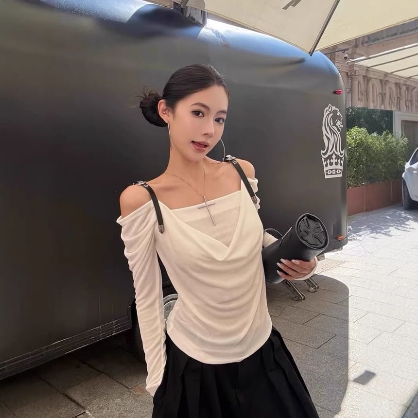 Cowl-Neck Cold-Shoulder Slim-Fit Long-Sleeve Tee