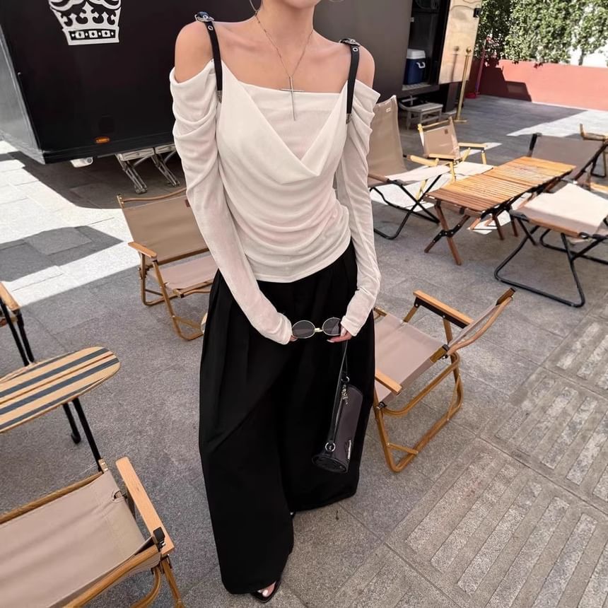 Cowl-Neck Cold-Shoulder Slim-Fit Long-Sleeve Tee