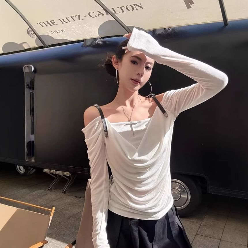 Cowl-Neck Cold-Shoulder Slim-Fit Long-Sleeve Tee