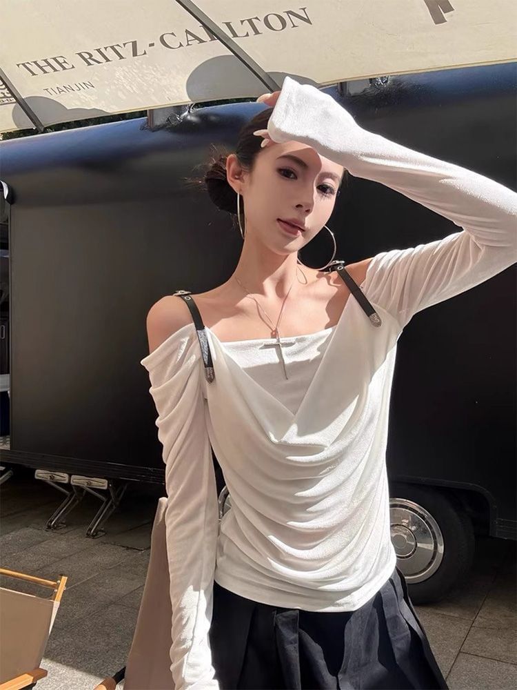 Cowl-Neck Cold-Shoulder Slim-Fit Long-Sleeve Tee