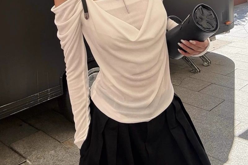 Cowl-Neck Cold-Shoulder Slim-Fit Long-Sleeve Tee