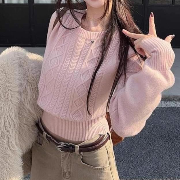 Ribbed Knit Crewneck Sweater in Neutral Tone