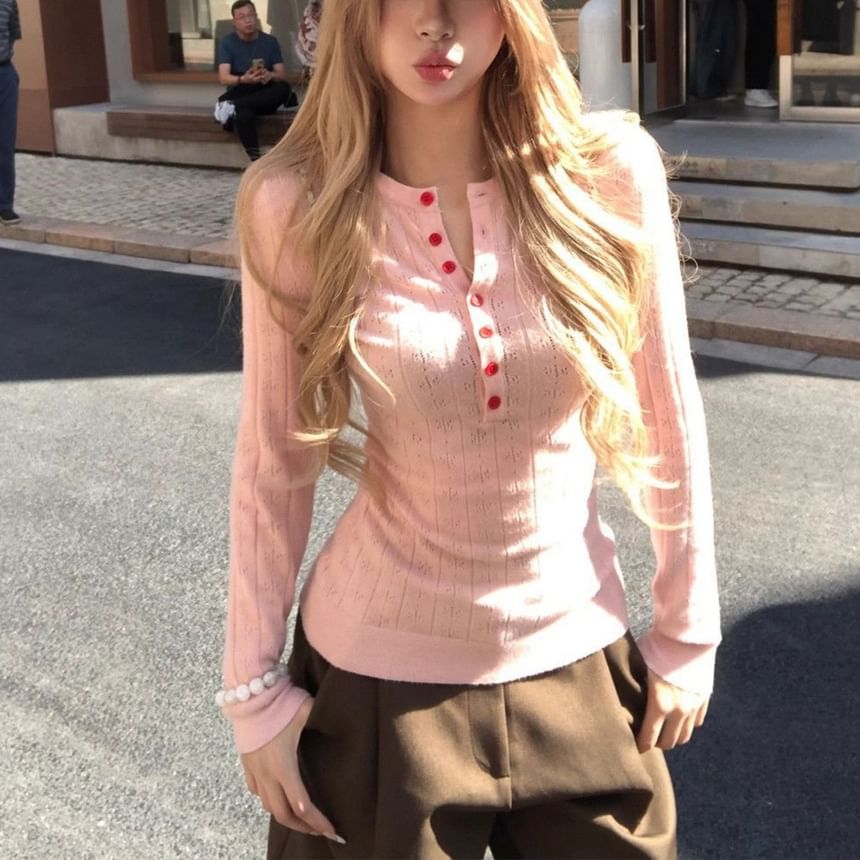 Perforated Half-Button Crew-Neck Slim-Fit Knit Long-Sleeve Top