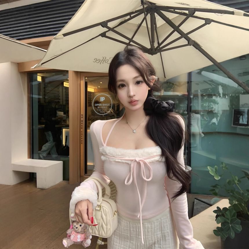 Halter Neck Fluffy Crop Top with Tie Front and Slim Fit
