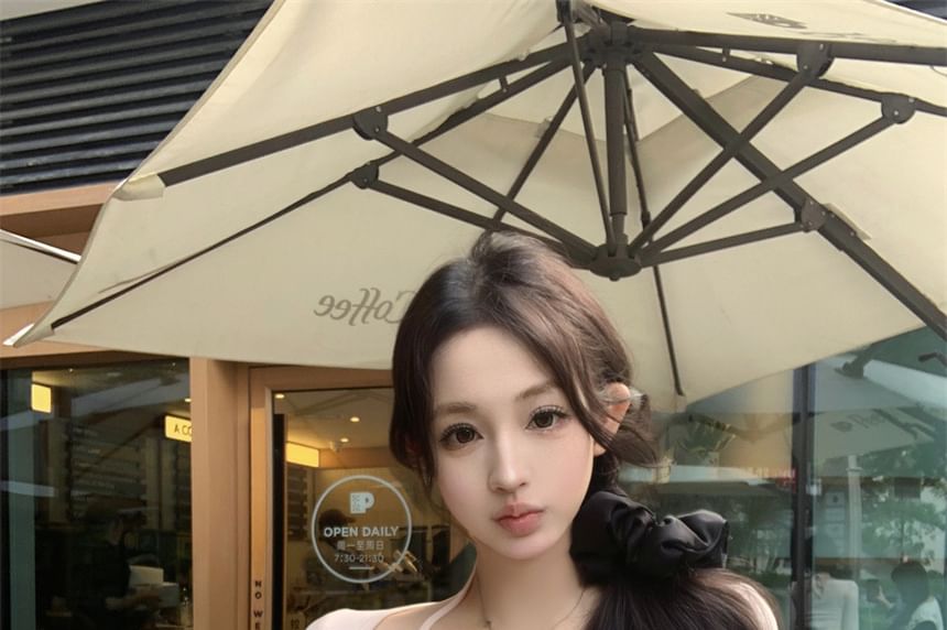 Halter Neck Fluffy Crop Top with Tie Front and Slim Fit