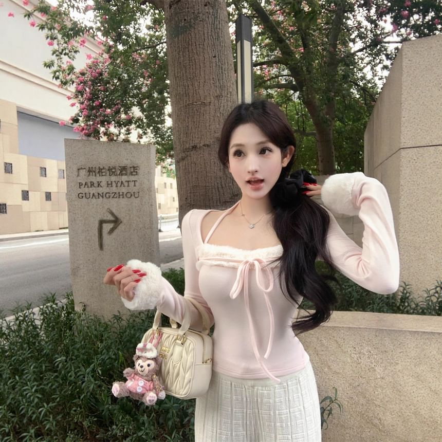 Halter Neck Fluffy Crop Top with Tie Front and Slim Fit