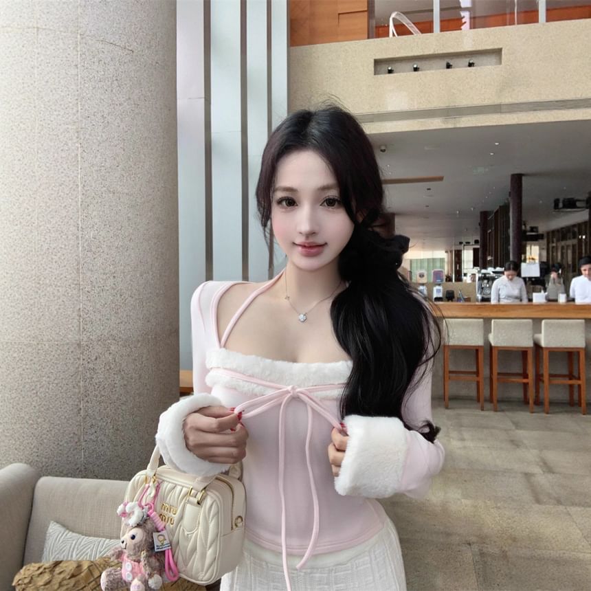 Halter Neck Fluffy Crop Top with Tie Front and Slim Fit