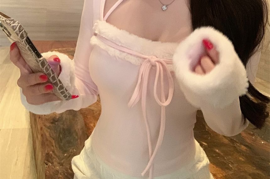 Halter Neck Fluffy Crop Top with Tie Front and Slim Fit