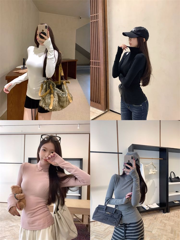 Mock-Neck Slim-Fit Long-Sleeve Solid Tee