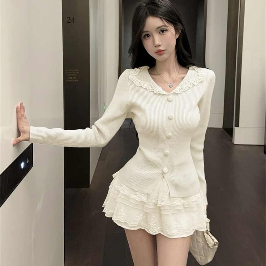 Split Neck Knit Top with Lace Trim and Slits