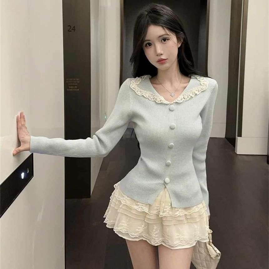 Split Neck Knit Top with Lace Trim and Slits