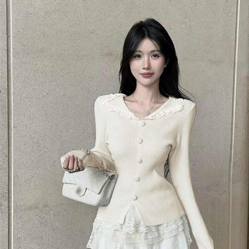 Split Neck Knit Top with Lace Trim and Slits
