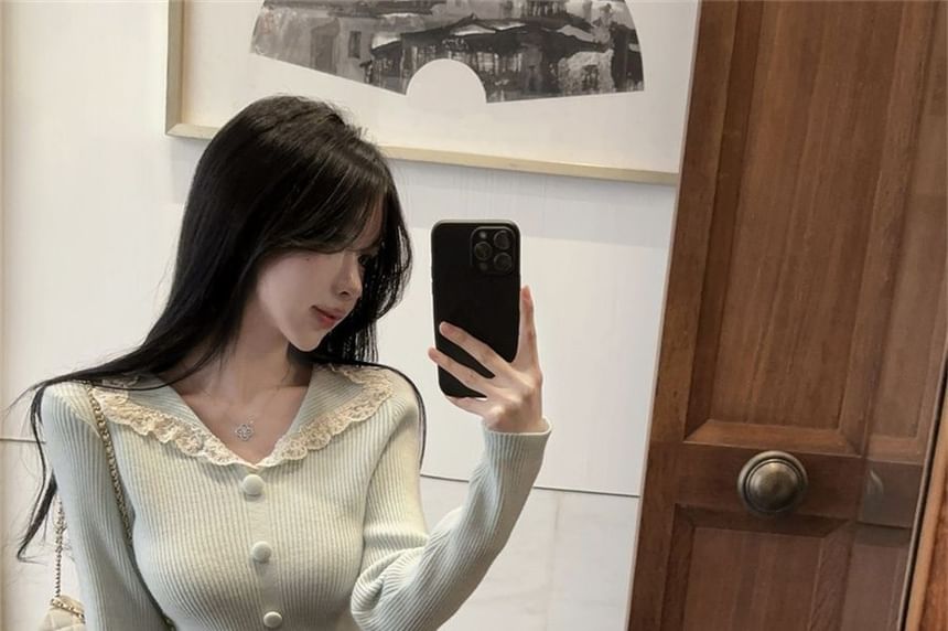 Split Neck Knit Top with Lace Trim and Slits