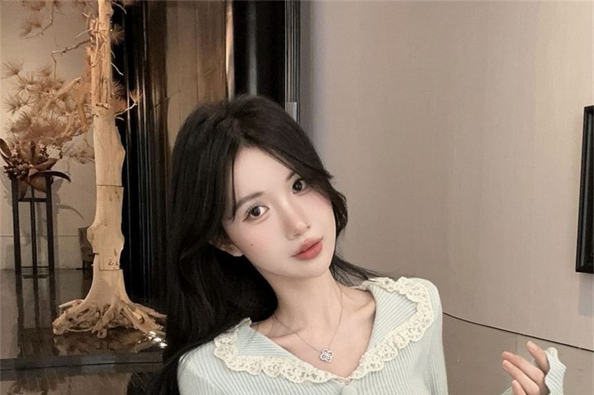 Split Neck Knit Top with Lace Trim and Slits