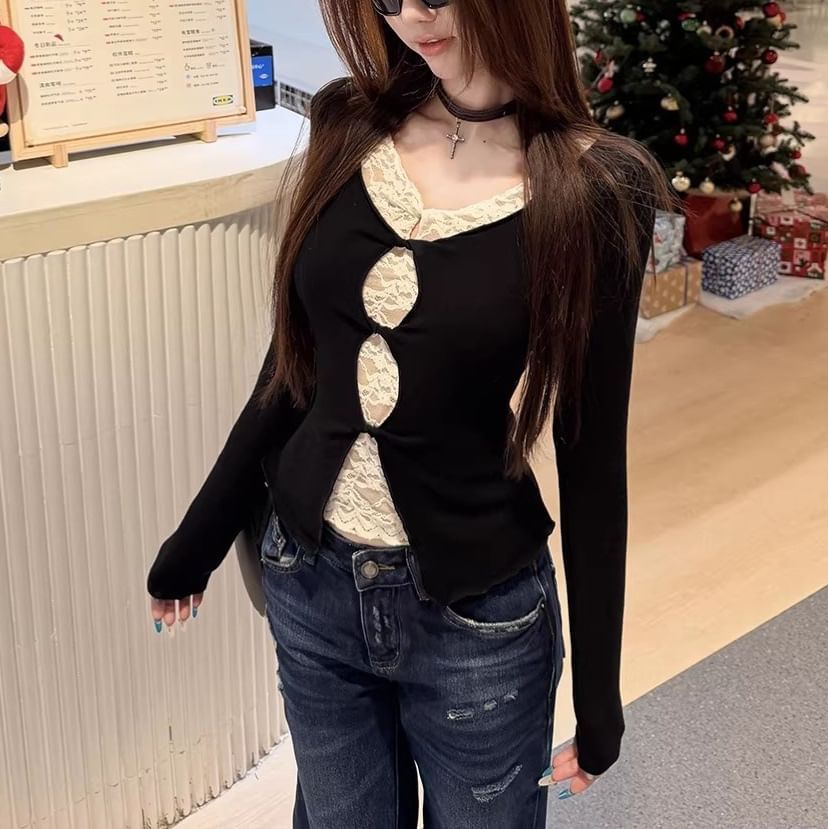 Lace Insert Cutout V-Neck Long Sleeve Crop Top