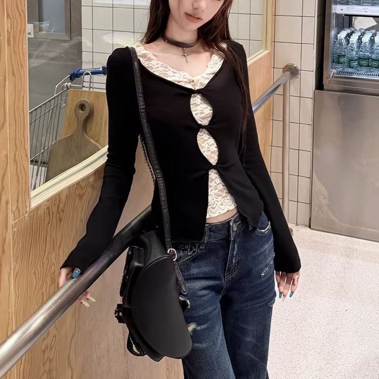 Lace Insert Cutout V-Neck Long Sleeve Crop Top