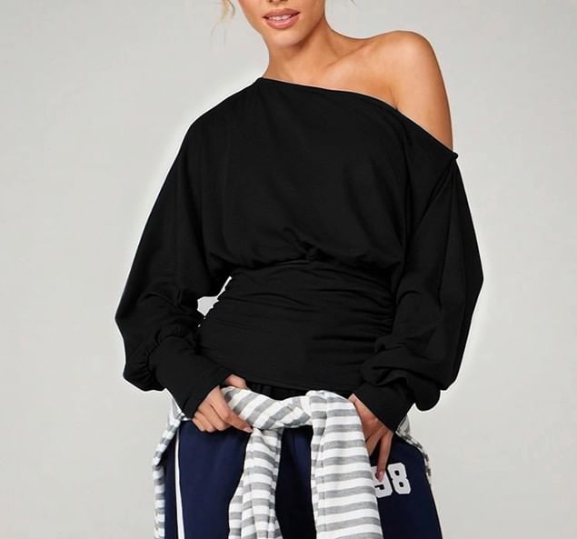 Ruched Off-Shoulder Pullover with Long Sleeves