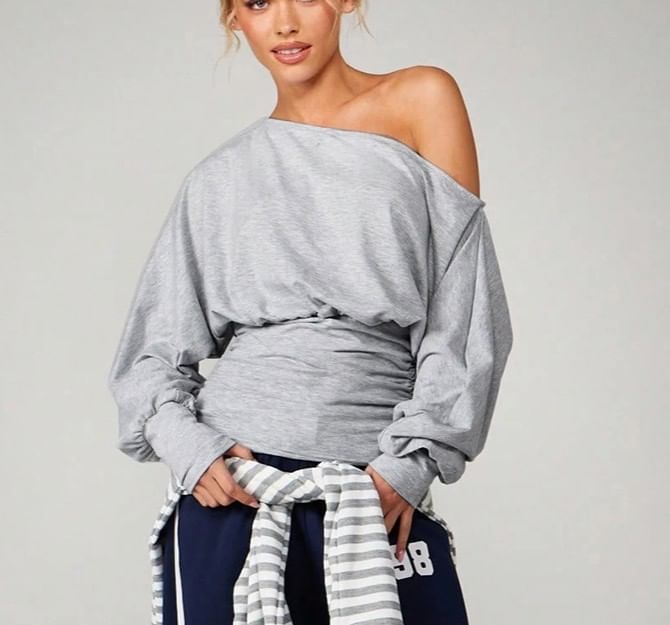 Ruched Off-Shoulder Pullover with Long Sleeves