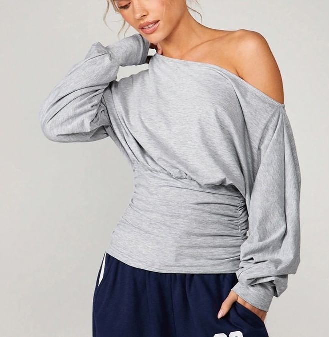 Ruched Off-Shoulder Pullover with Long Sleeves