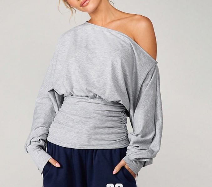 Ruched Off-Shoulder Pullover with Long Sleeves