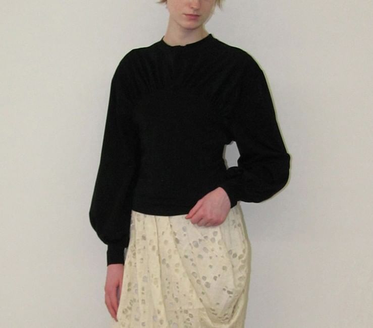 Ruched Loose-Fit T-Shirt with Puff Sleeves and Crew Neck