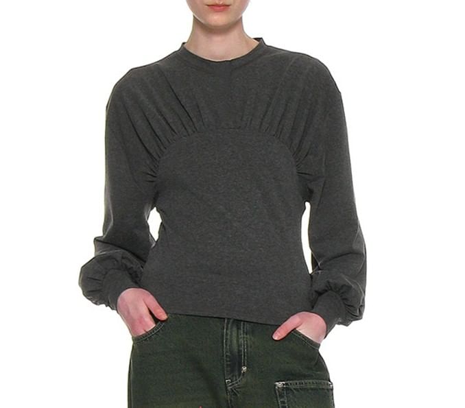Ruched Loose-Fit T-Shirt with Puff Sleeves and Crew Neck