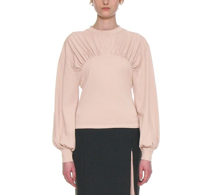 Ruched Loose-Fit T-Shirt with Puff Sleeves and Crew Neck