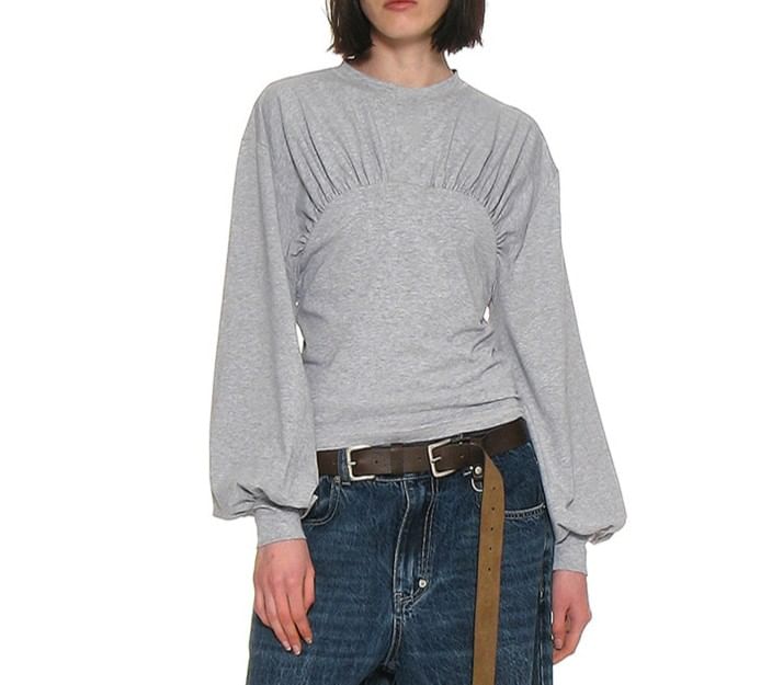 Ruched Loose-Fit T-Shirt with Puff Sleeves and Crew Neck
