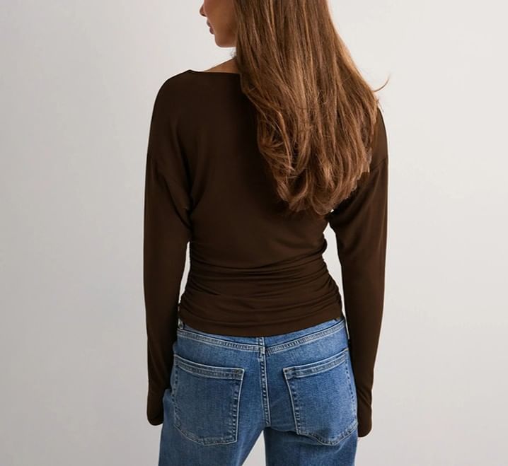 Boat Neck Slim-Fit Crop Tee with Long Sleeves
