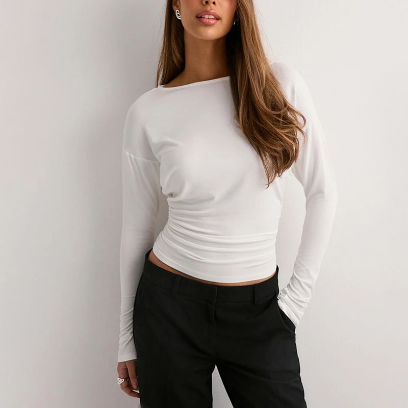 Boat Neck Slim-Fit Crop Tee with Long Sleeves
