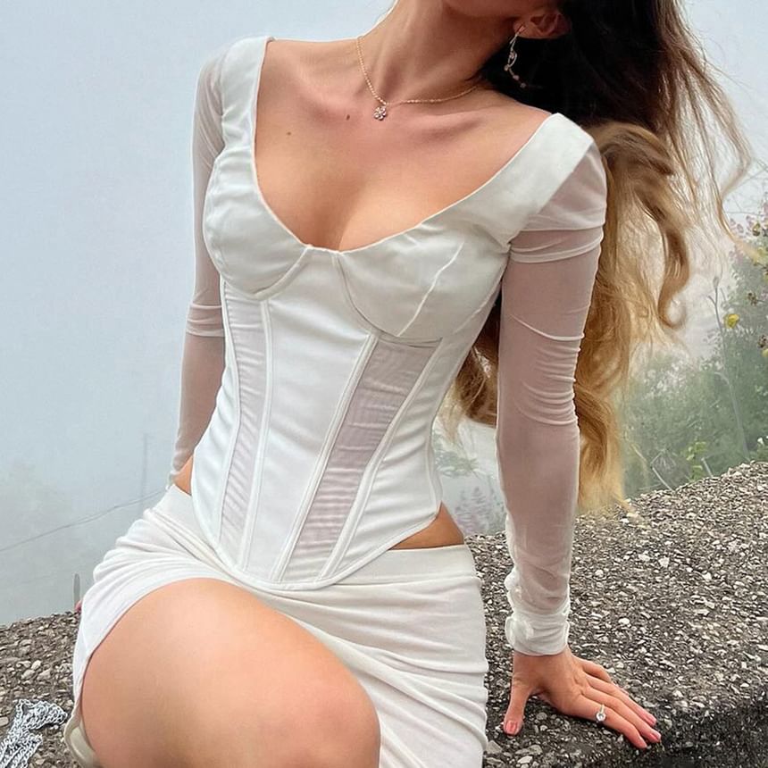 Mesh Panel Corset Top with V-Neck and Long Sleeves