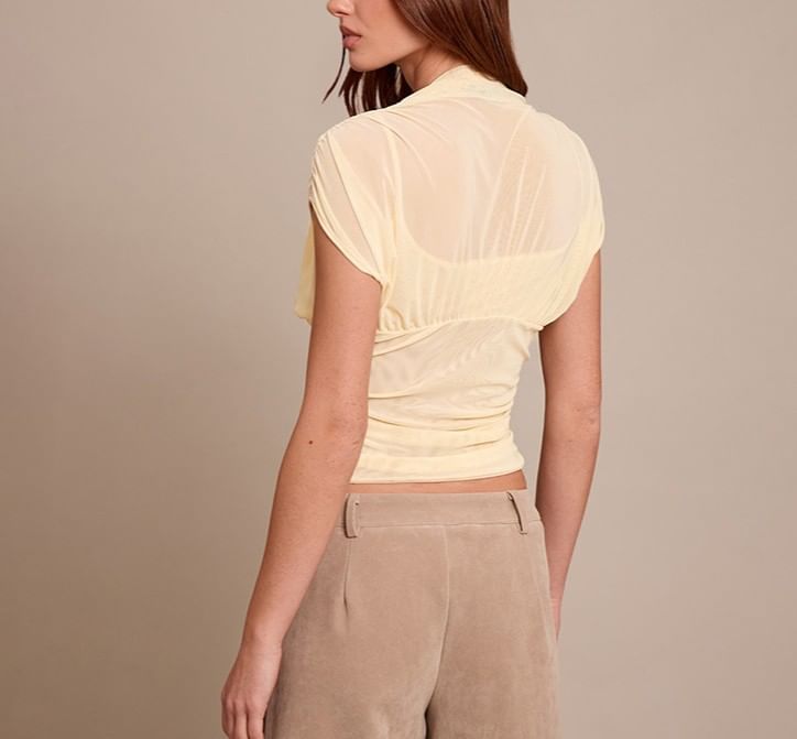 Sheer Mock Neck Crop Top with Cap Sleeves