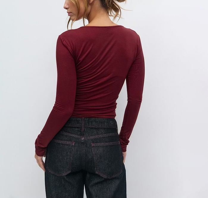 Lace Trim V-Neck Crop Top with Long Sleeves