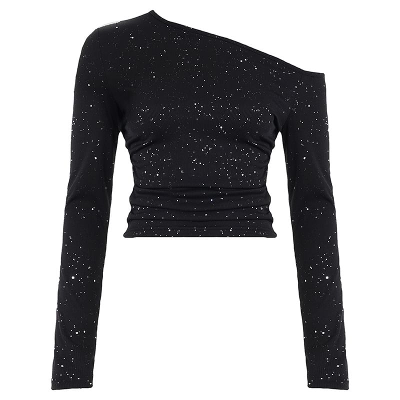 Glitter Cold Shoulder Crop Top with Long Sleeves