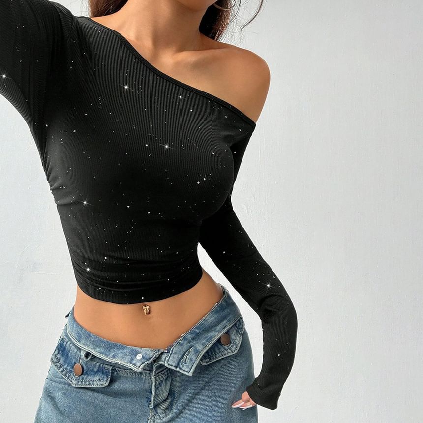 Glitter Cold Shoulder Crop Top with Long Sleeves