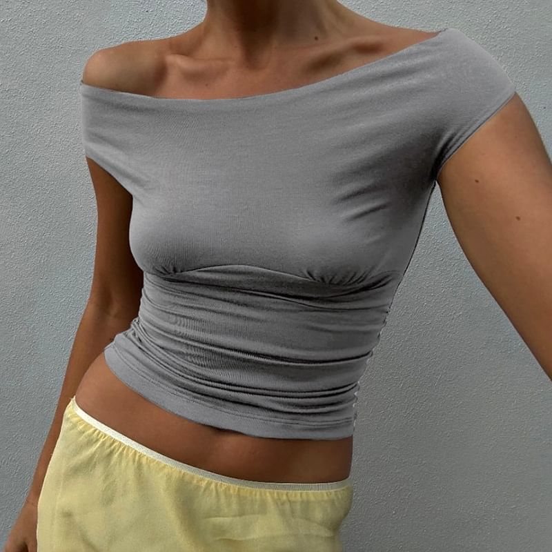 Ruched Off-Shoulder Crop Top with Short Sleeves