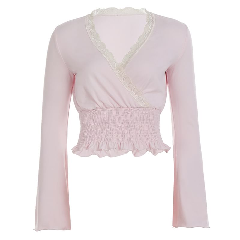 Ruffled Trim V-Neck Crop Top with Lace Accents