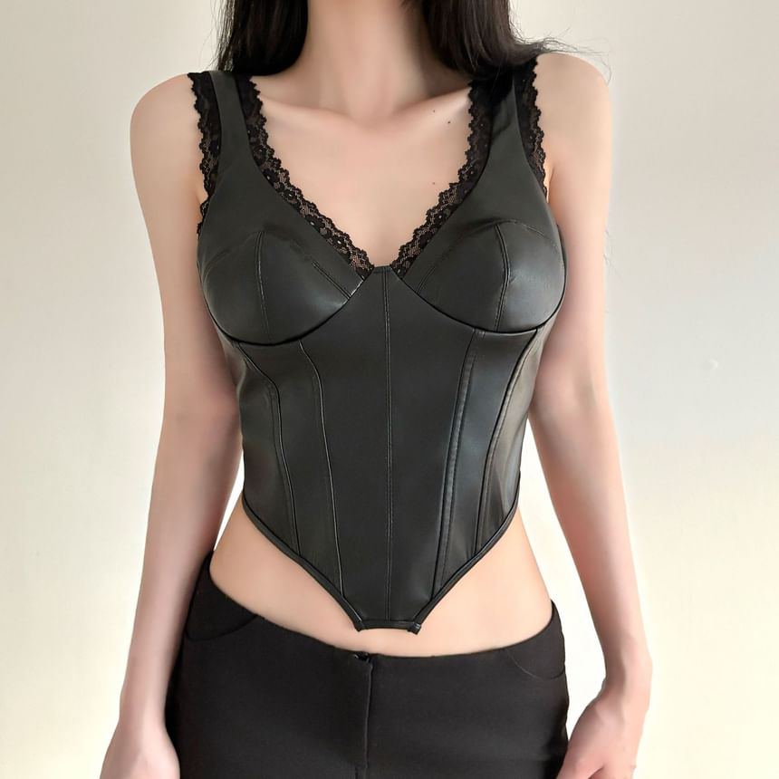 Faux Leather Corset Tank Top with Lace Trim