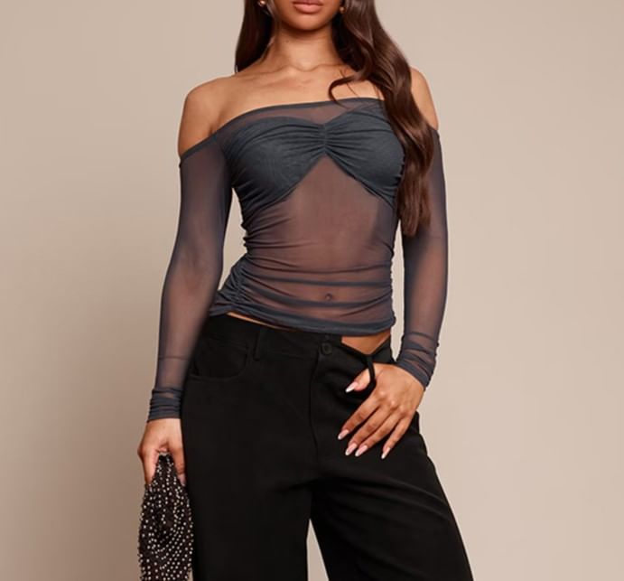 Sheer Paneled Off-Shoulder Top with Slim Fit