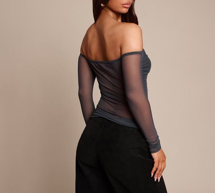 Sheer Paneled Off-Shoulder Top with Slim Fit